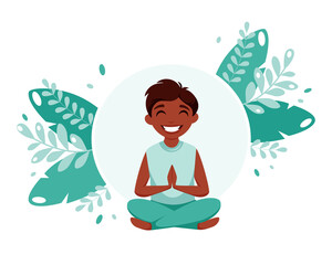 Black boy meditating in lotus pose. Healthy lifestyle,  meditation for children. Vector illustration