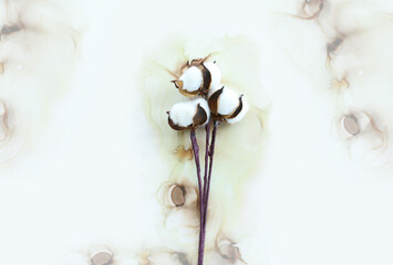 Creative image of beautiful cotton flowers on artistic ink background.