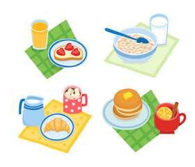 Cartoon set with different types of breakfast isolated on white