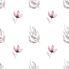 Delicate watercolor botanical pattern with pink flowers and leaves in gray tones on a white background, pattern for fabric, clothing, paper products, etc.