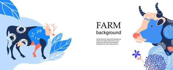 Horizontal agricultural background. Silhouettes of cows and leaves.