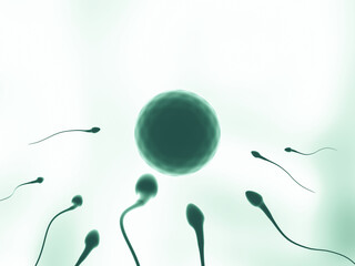 3D rendering. Green tone sperm and egg cell.