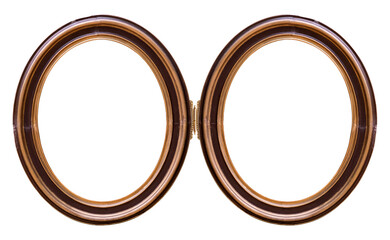 Double wooden oval frame (diptych) for paintings, mirrors or photos isolated on white background....