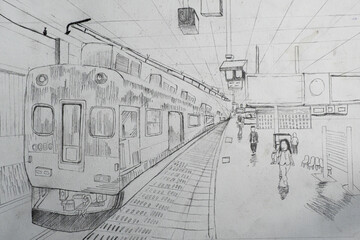 A pencil sketch of a 12-year-old boy who draws a picture of an electric train that is parking for passengers at the station. On white paper