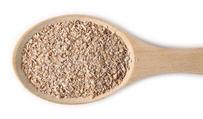 Spelt bran pile in wooden spoon isolated on white background, top view