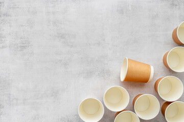 Paper take away coffee cups flat lay. Top view