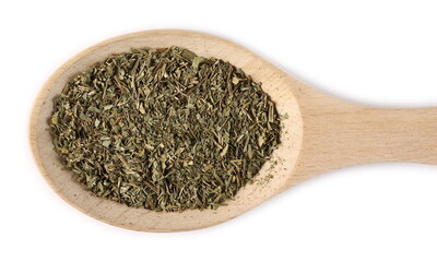 Dry chopped nettle pile in wooden spoon, isolated on white background, top view