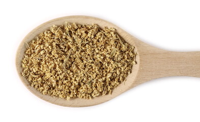 Dried and chopped elder, elderberry plant with flowers in wooden spoon isolated on white background, top view