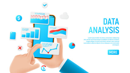 Fototapeta premium Data analysis banner concept. Mockup with cartoon hands, smartphon and data icons. Template of smart phone and cartoon hands. Vector illustration with mobile devices concept.