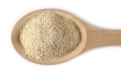 Milled Shiitake mushroom powder (Sh) in wooden spoon isolated on white background