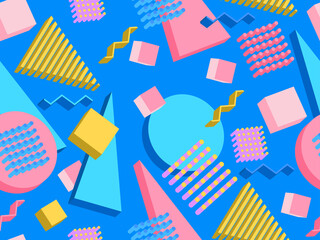 Memphis seamless pattern with 3d isometric geometric shapes in the style of the 80s. Background for promotional products, wrapping paper and printing. Vector illustration