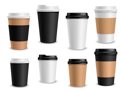 Coffee cups paper. Takeaway realistic cups white, black and brown container for latte espresso or cappuccino drinks, morning aroma beverage in blank package and empty labels vector mockup set
