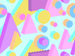 Geometric seamless pattern in memphis style with 3d geometric shapes. Isometric geometry in the style of the 80s for promotional products, wrapping paper and printing. Vector illustration