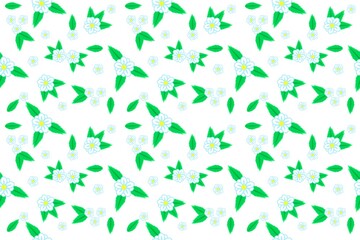 Pattern of flowers and leaves of light shades of blue and green on a white background for textiles and paper