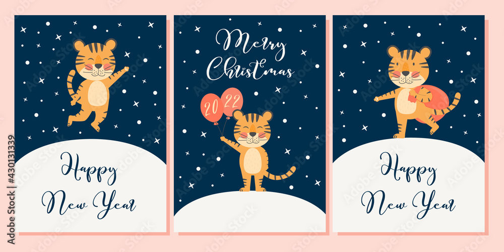 Wall mural Merry Christmas and Happy New Year greeting cards set. Banners with cute tiger, symbol 2022, year mascot. Holiday winter concept with vector character - Wall murals