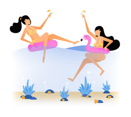 happy vacation illustration of two women swim in the sea in pink flamingo floats and drink champagne. fun holiday party. Vector design can be used for poster, banner, ad, website, web, mobile, flyer