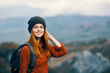 cheerful woman hiker mountains nature landscape travel vacation
