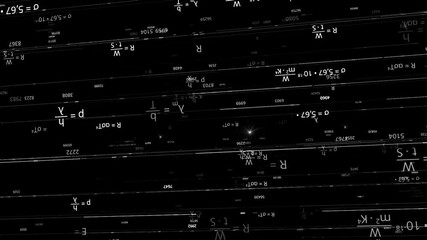 Process of artificial intelligence self education in mathematics and physics fields, monochrome. Animation. Chaotic movement of white formulas in black space, seamless loop. - Powered by Adobe