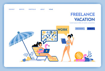 travel website with the theme of freelancer vacation. keep working with internet access service at holiday. Vector design can be used for poster, banner, ads, website, web, mobile, marketing, flyer