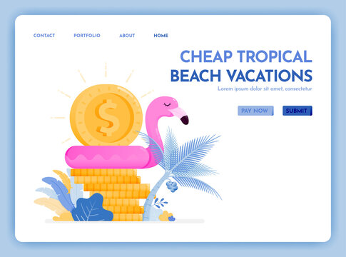 travel website with the theme of cheap tropical beach vacation. enjoy holiday in excotic destination at best prices. Vector design can be used for poster, banner, ads, website, web, marketing, flyer