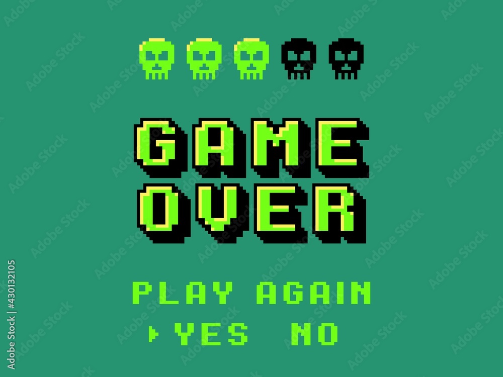 Fototapete game over screen. pixel 8 bit final screensaver, primitive graphics style skulls, retro video games,