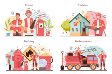 Obraz premium Firefighter concept set. Professional fire brigade fighting with flame.
