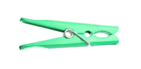 Bright green plastic clothespin isolated on white