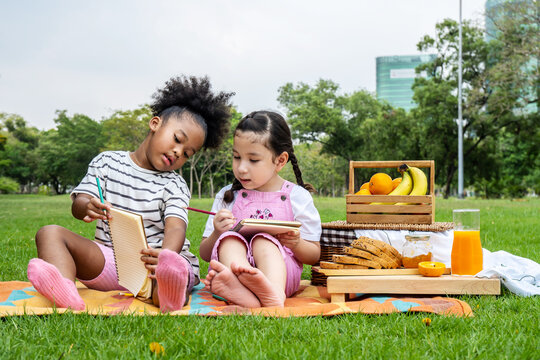 Two African American little girl using pencil writing and doing homework on notebook together while sitting and lying on mat outdoor in the park