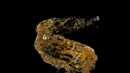 Swirl of golden liquid on a black background. Beer or whisky stream. 3d render illustration