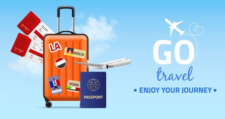 Travel banner. Realistic plastic luggage bag on wheels, two tickets, foreign passport and plane on blue sky, journey and holiday trip poster, flights around world. Vector realistic concept