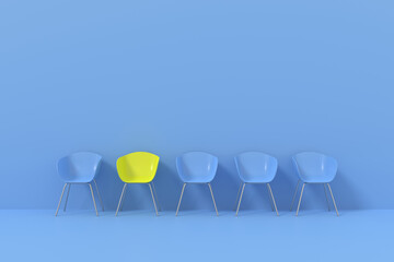 Yellow chair on blue with different concepts. 3D background design. 3D rendering.