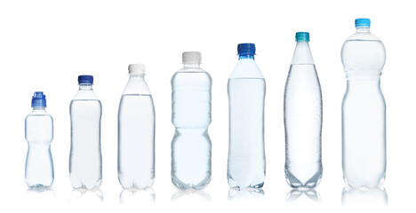 Naklejka premium Set with different bottles of pure water on white background. Banner design