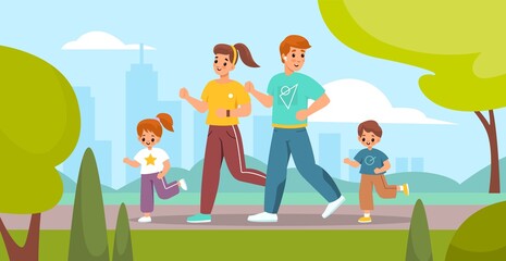 Fototapeta premium Outdoor sport activity. Happy family on park jogging, parents and children engaged running, mother father and kids fitness training, active leisure healthy lifestyle vector concept