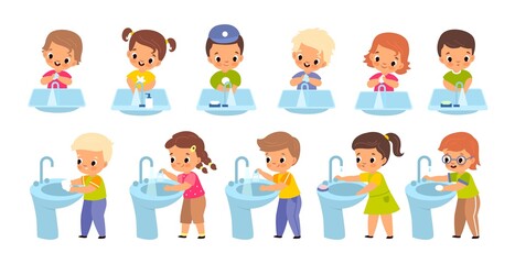 Kids washing hands. Girls and boys observe personal hygiene, disinfect arms with antibacterial soap bars and gels, children and sink front and side view, health care vector cartoon set