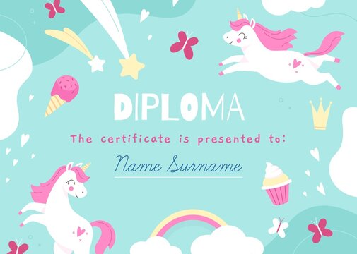 Unicorns frame. Kids diploma template with magic items, fairy creatures, rainbow and sweets, mythical horses. Children school certificate, preschool graduation vector cartoon concept