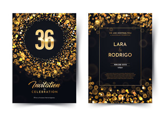 36th years birthday vector black paper luxury invitation double card. Thirty six years wedding anniversary celebration brochure. Template of invitational for print dark background with bokeh lights.