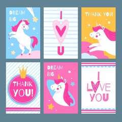 Cute unicorns. Magic animals with greeting text postcards collection, sweet fairy horses with pink manes, stars and hearts, girly pony with lettering. Vector cartoon cards or posters
