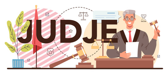 Judge typographic header. Court worker stand for justice and law