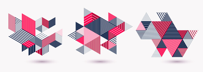 Abstract polygonal backgrounds with stripy triangles and 3D cubes vector designs set. Templates for different advertising or covers or banners. Retro style graphic elements. © Sylverarts