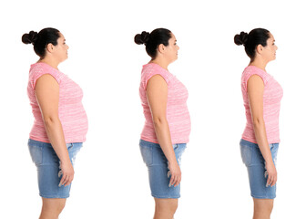 Woman before and after weight loss on white background, collage