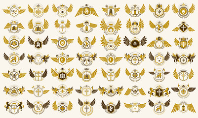 Vintage heraldic emblems vector big set, antique heraldry symbolic badges and awards collection, classic style design elements, family emblems.