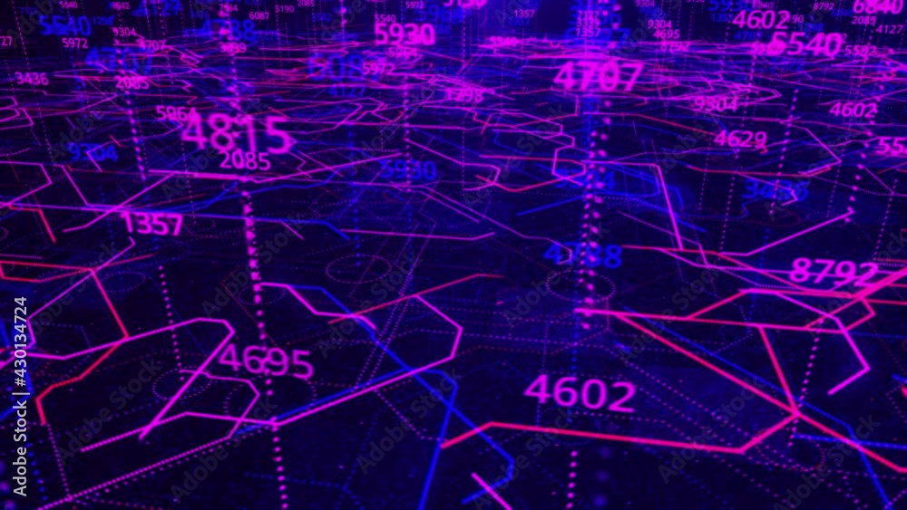 Poster data moving within computer circuitry with many changing numbers, seamless loop. animation. computer