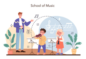 Music school concept. Kids playing music instruments. Instructor teaching