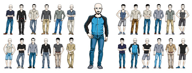 Handsome men in casual wear standing and posing vector illustrations big set isolated on white background, attractive gorgeous males in full body length people characters collection.