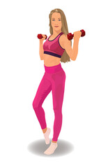 A young slender blonde in pink sportswear, leggings and a tank top trains with dumbbells.Vector illustration, EPS 10, isolate on a white background.Fitness exercise concept for tightening muscles, abs