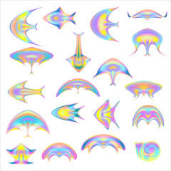 Colorful glowing stickers of marine animals - fish, jellyfish and others. Isolated objects on a white background. Vector clipart.