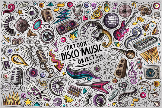 Cartoon set of Disco Music theme items, objects and symbols