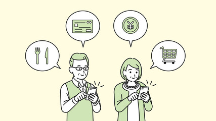 スマートフォンで決済する老夫婦　シニア　年配の男女　買い物　宅配　イラスト素材