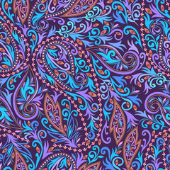 Seamless traditional pattern with paisley. Purple and blue bright ethnic ornament. Vector print. Use for wallpaper, pattern fills,textile design.
