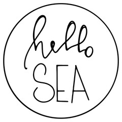 Lettercom sea hello linear doodle contour hand drawing isolate on white background. Monochrome digital art graphics. Print for tattoo, coloring book, children's page, menu, postcard